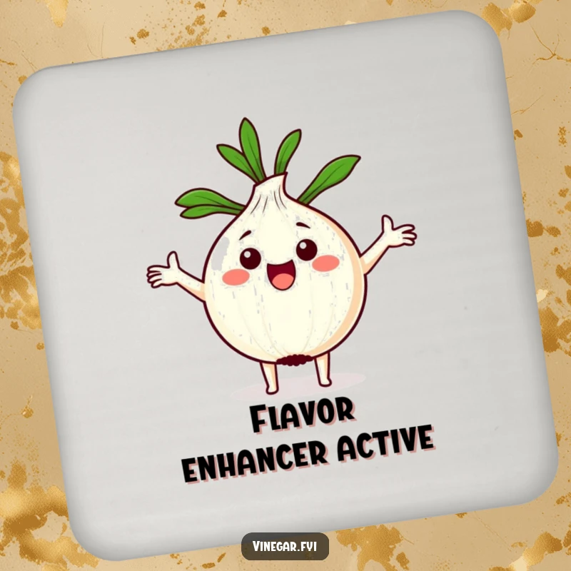 Funny Kawaii onion with arms spread wide, holding a recipe, printed on protective drink coasters.