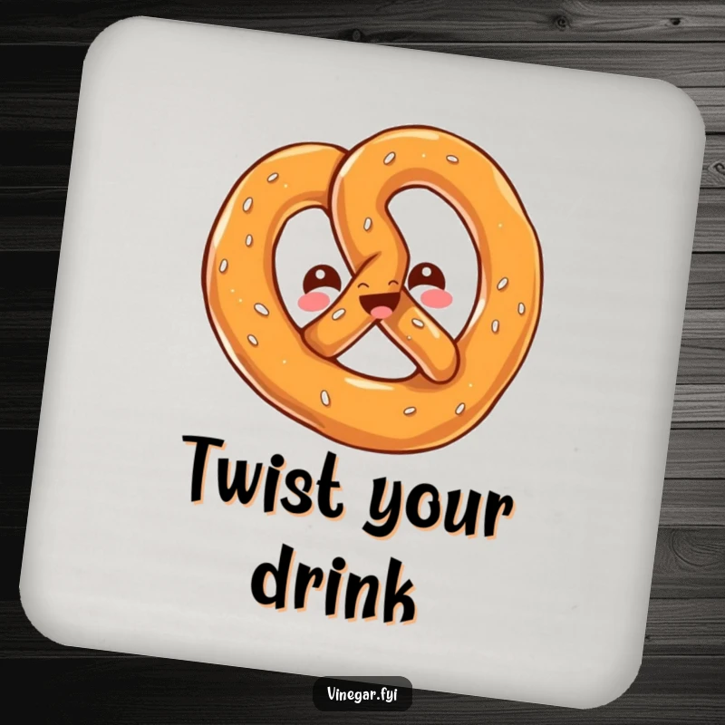 Funny coaster with a kawaii pretzel twisting playfully, adding a salty, cheerful, and humorous touch to any drink.