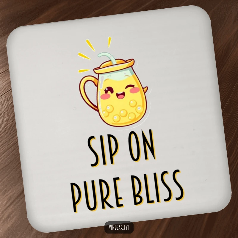 Funny coaster featuring a radiant yellow lemonade pitcher character winking, symbolizing refreshing humor and protecting surfaces.
