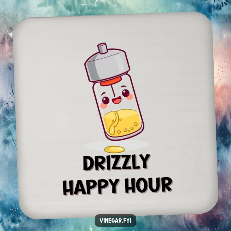 Funny coaster: A cheerful pepper shaker tips over, pouring a tiny stream of vinegar, guarding tables with a dash of zesty, condiment-themed fun.