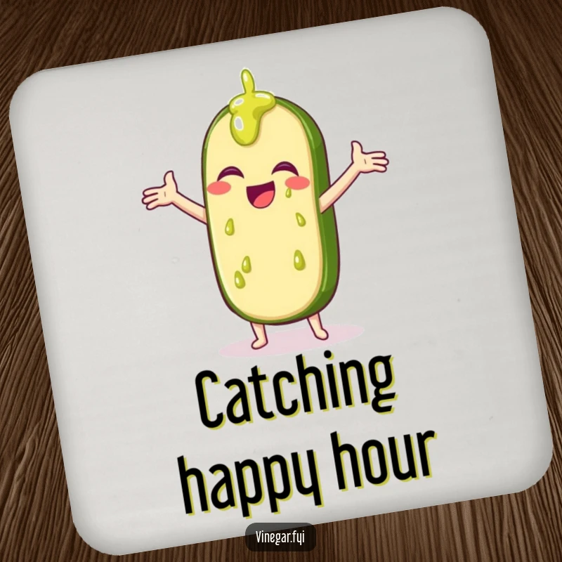 Funny drink coaster with a giggling pickle slice catching drips of vinegar, adding humor to tabletops.