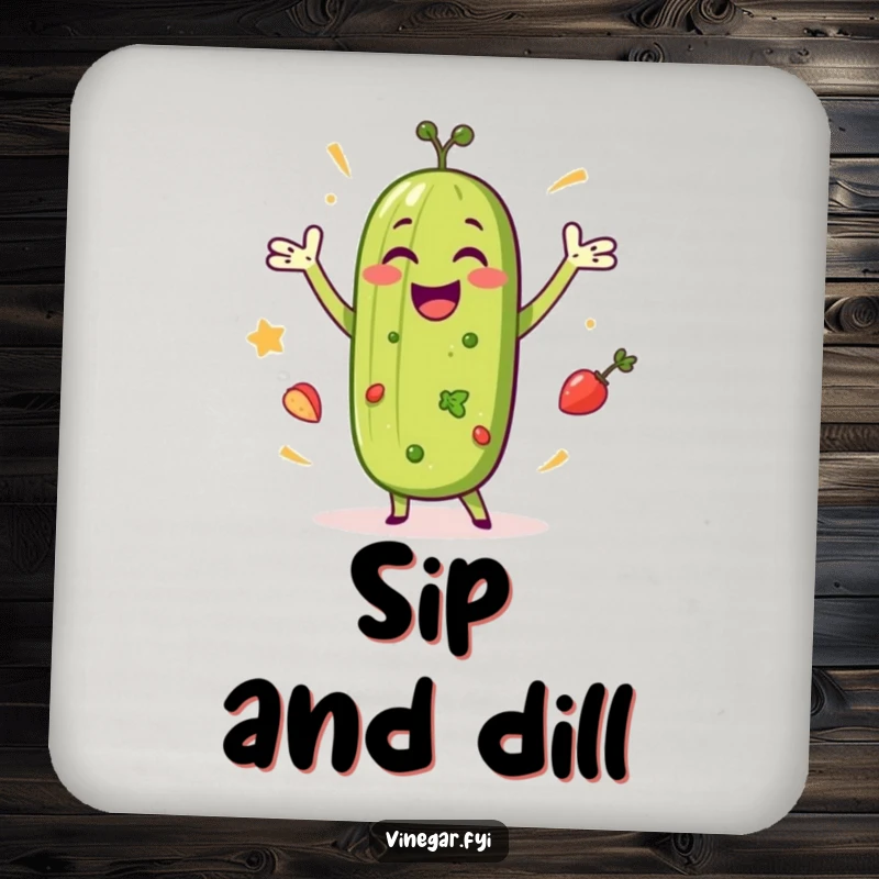 Funny coaster featuring a happy pickle dancing amongst salad ingredients, protecting furniture with a vibrant and joyful design.