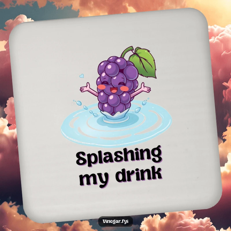 Funny drink coaster with a blushing purple grape with tiny arms excitedly splashing into a puddle of translucent fluid.