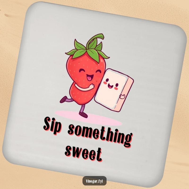 Funny drink coasters featuring a delighted strawberry dancing with a sugar cube partner, adding sweet humor to your table.