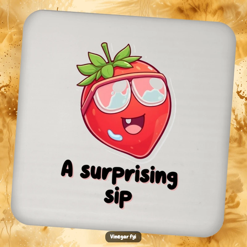 Funny coaster showcasing a laughing strawberry character wearing tiny vinegar goggles, looking comically surprised.