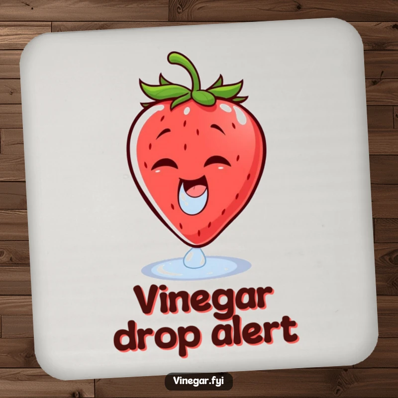 Funny drink coaster with a cheerful strawberry wincing at a vinegar droplet, offering humorous protection against spills.