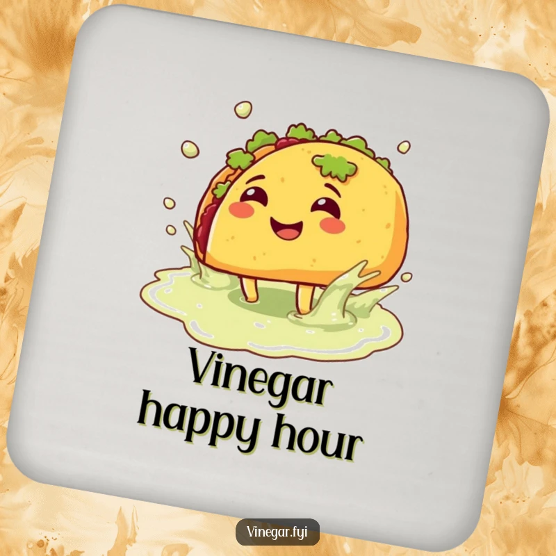 Funny coaster: A smiling taco with legs splashes in a vinegar puddle, guarding tables with a dash of zesty, food-themed fun.