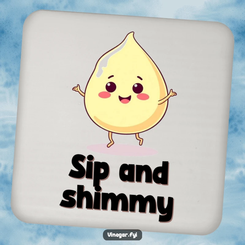 Funny drink coaster with a smiling, jiggly vinegar blob dancing happily, adding a touch of humor to tabletops.