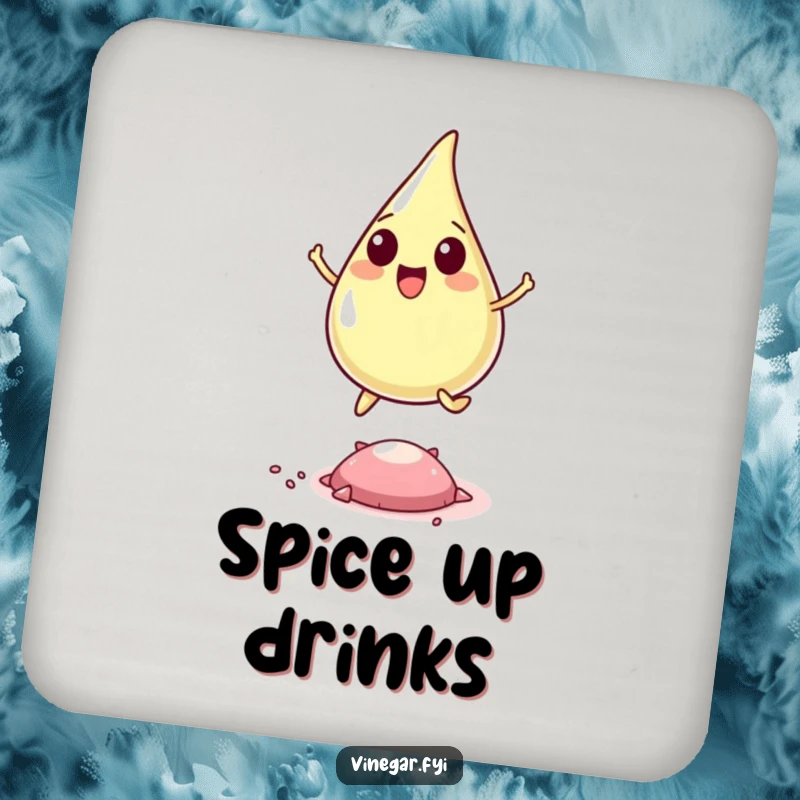 Funny coaster depicting a happy vinegar drop leaping over a microscopic pepper flake, adding playful humor to table protection.