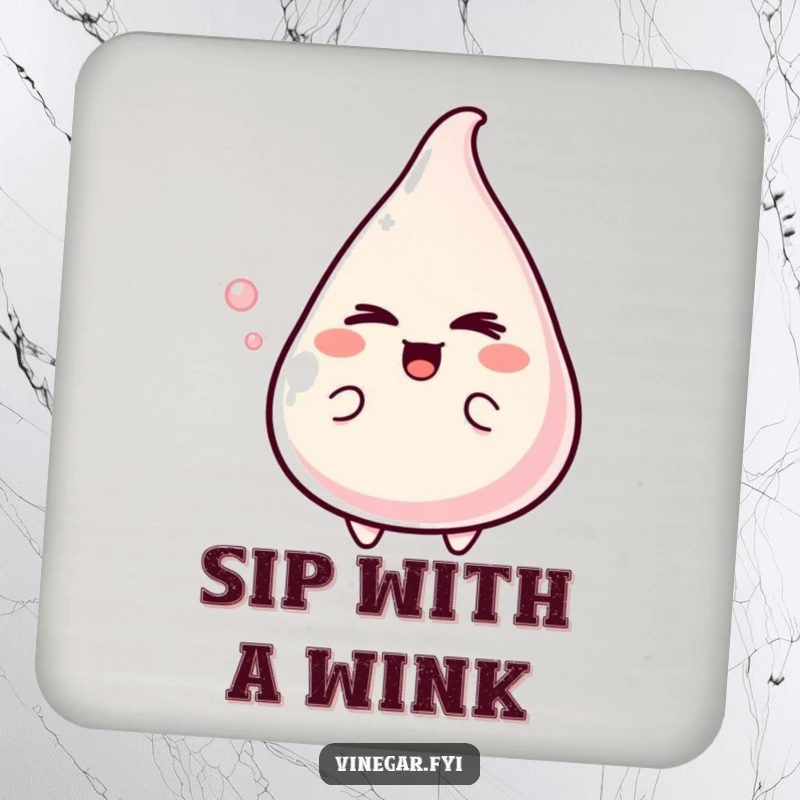Funny Coaster featuring a delighted vinegar character giving a mischievous wink, perfect for protecting furniture with a splash of bold art.