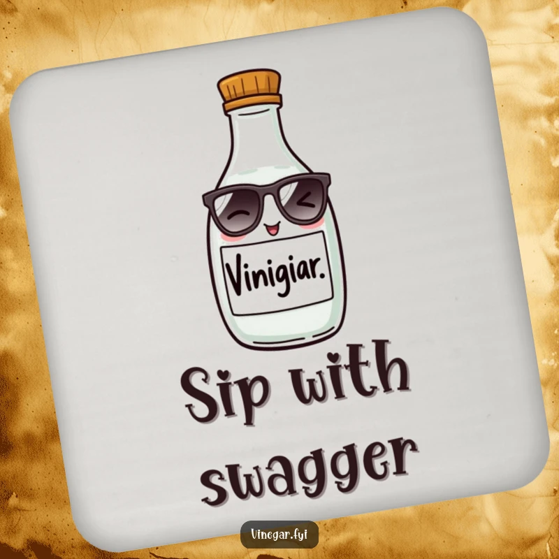 Funny coaster featuring a mischievous vinegar bottle wearing tiny sunglasses, winking, protecting surfaces with a humorous design.
