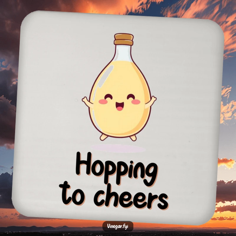 Funny vinegar bottle coaster featuring a happy, round bottle doing a little hop, protecting surfaces with glee.