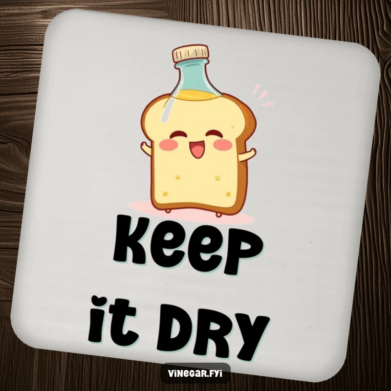 Funny drink coaster depicting a bread slice comically recoiling from a vinegar bottle, adding humor to surfaces.