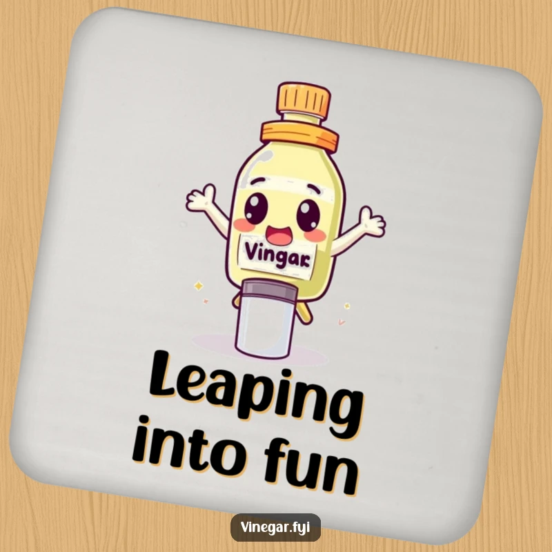 Funny Drink Coaster featuring a cute vinegar bottle character with excited eyes, leaping over a salt shaker, ready to protect surfaces.