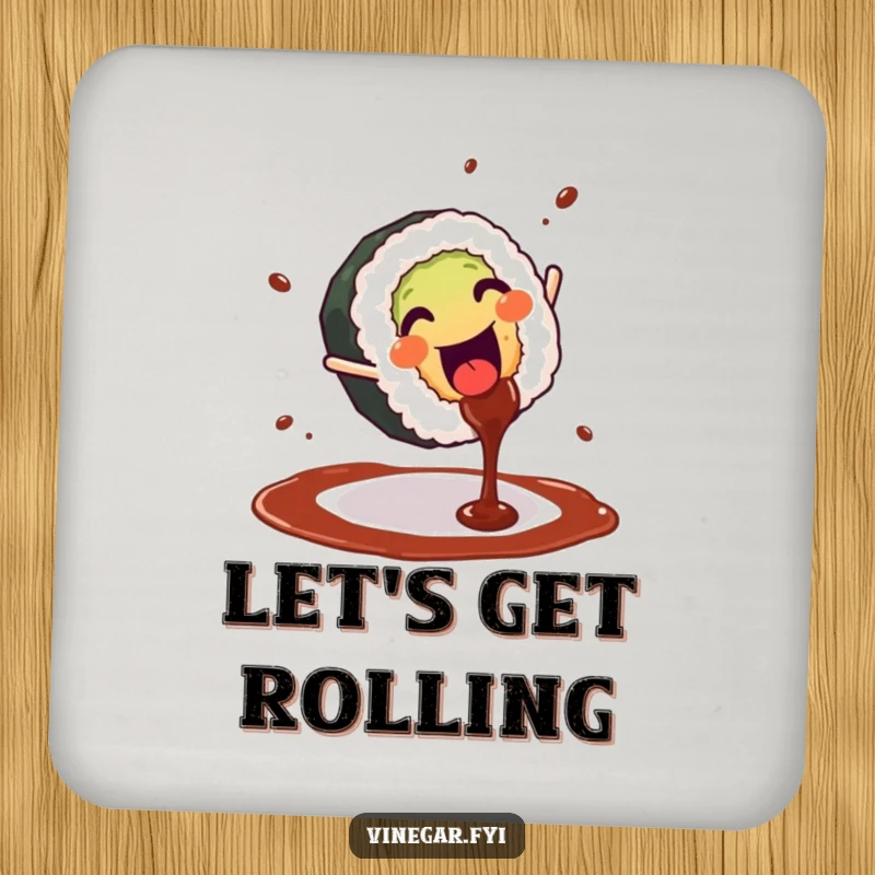 Funny drink coasters featuring a happy sushi roll doing a cartwheel with soy sauce splashing, adding humor to your table.