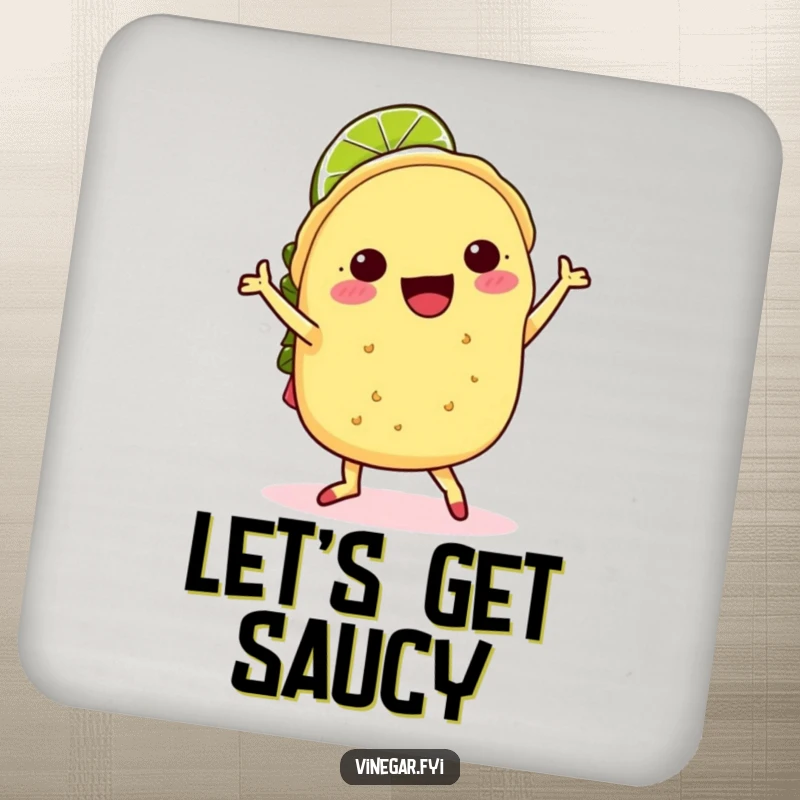 Funny kawaii taco doing a joyful jig with a lime slice hat, on protective drink coasters, great as a funny gift.
