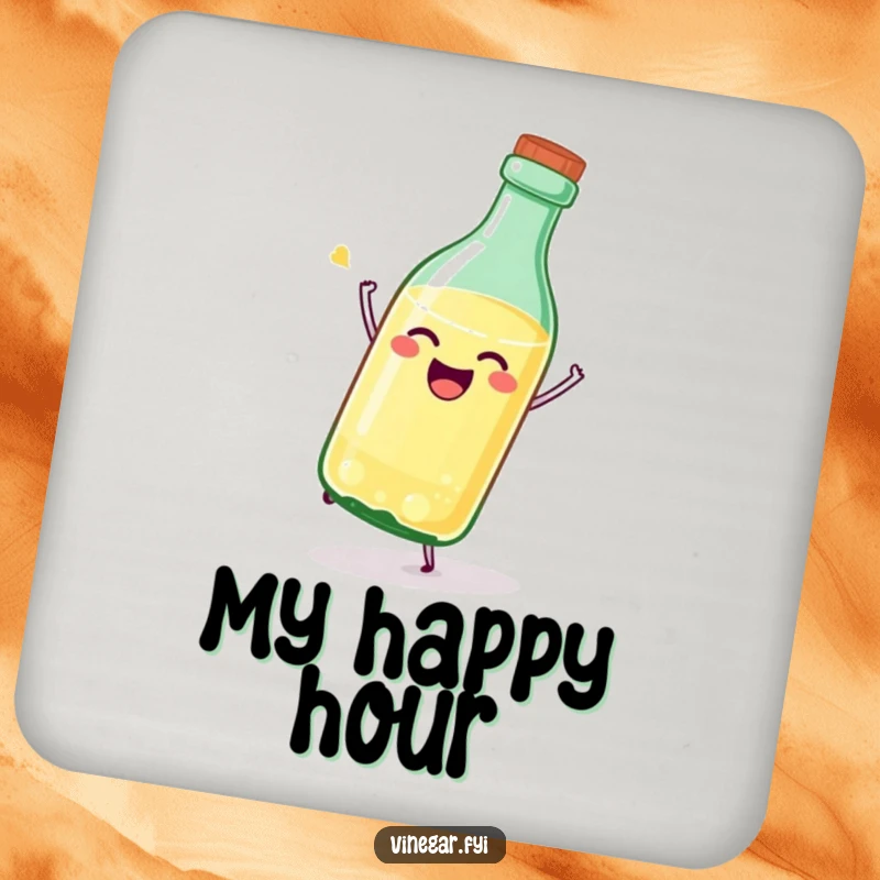 Funny vinegar bottle coaster featuring a joyful, stylized bottle tipping itself over, protecting surfaces with glee.