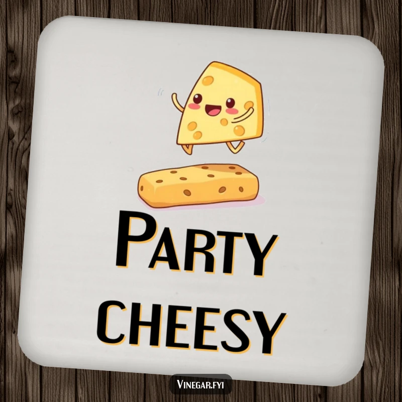 Funny cheese wedge coaster with a cheerful wedge playing leapfrog over a cracker, adding playful humor to surface protection.