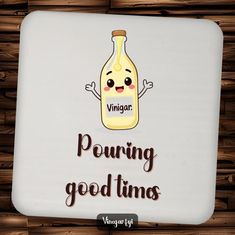 Funny coaster depicting a cheerful vinegar bottle pouring itself onto a blank canvas, adding artistic humor to surface protection.