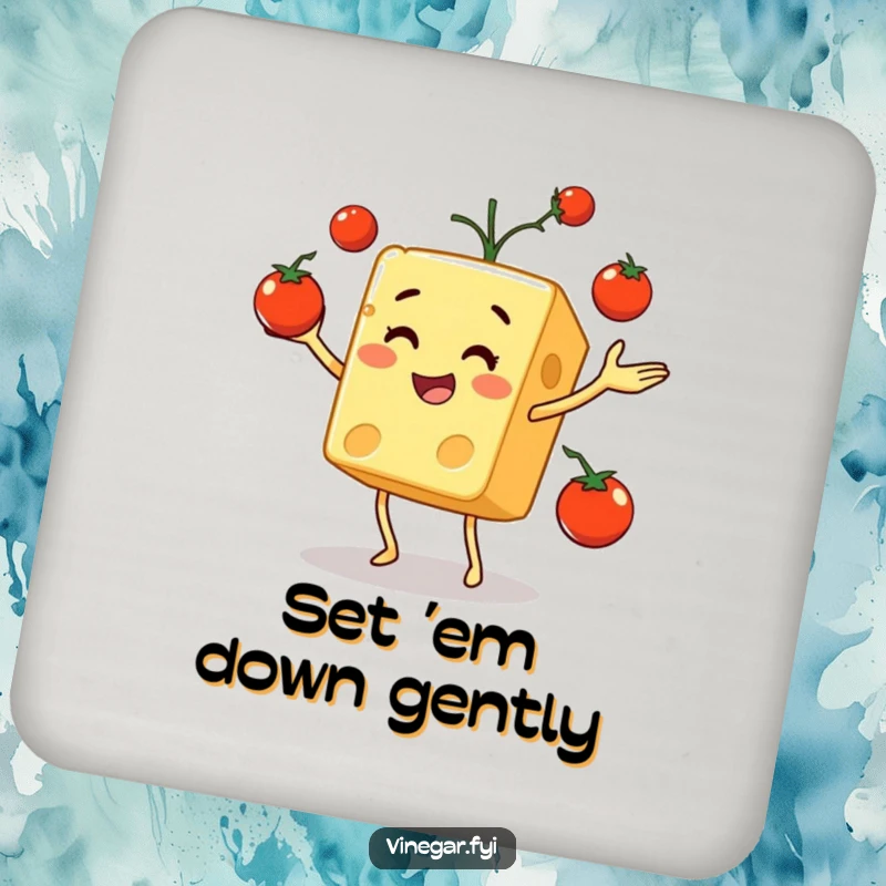 Funny drink coaster featuring a cheerful cheese cube juggling cherry tomatoes, perfect for protecting furniture with humor.