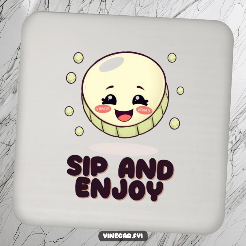 Funny coaster featuring a happy bottle cap juggling small, shiny vinegar droplets, a tiny piece of art.