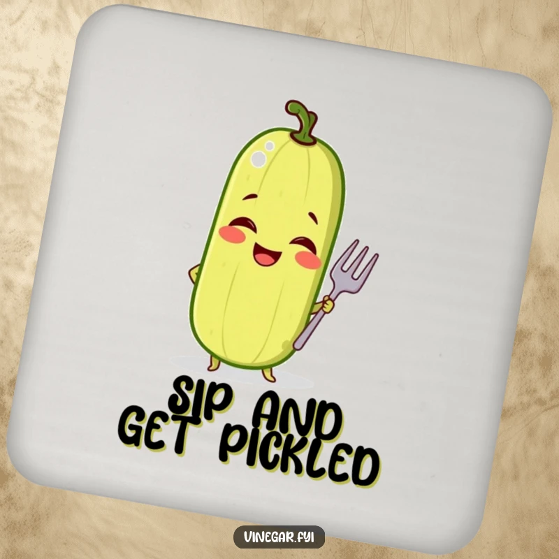 Funny drink coasters featuring a giggling pickle in a confident pose with a tiny fork, adding sassy humor to your table.