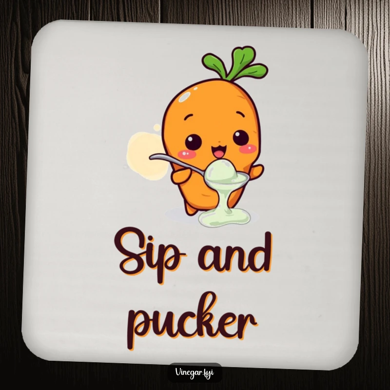Funny drink coaster with a small Kawaii carrot character tasting vinegar from a tiny spoon, making a sour face, protects surfaces.