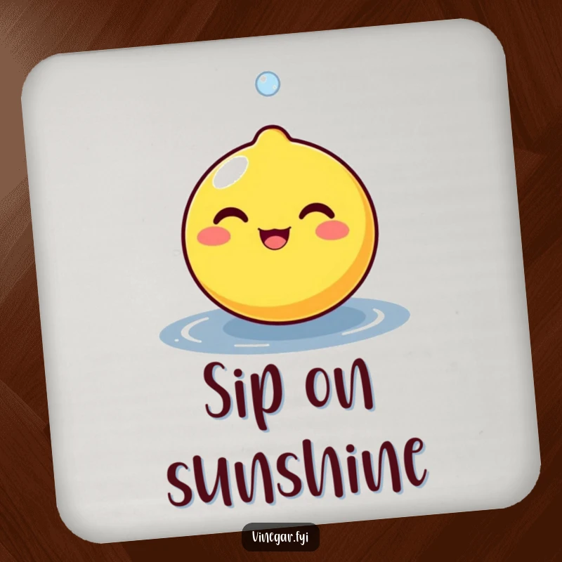 Funny round lemon character beaming as a tiny droplet bounces off its surface, designed as a cheerful and protective drink coaster.