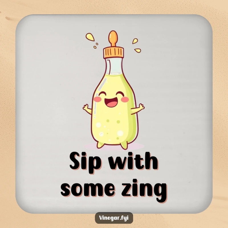 Funny drink coaster featuring a grinning condiment bottle squirting vinegar, protecting furniture with a humorous splash.
