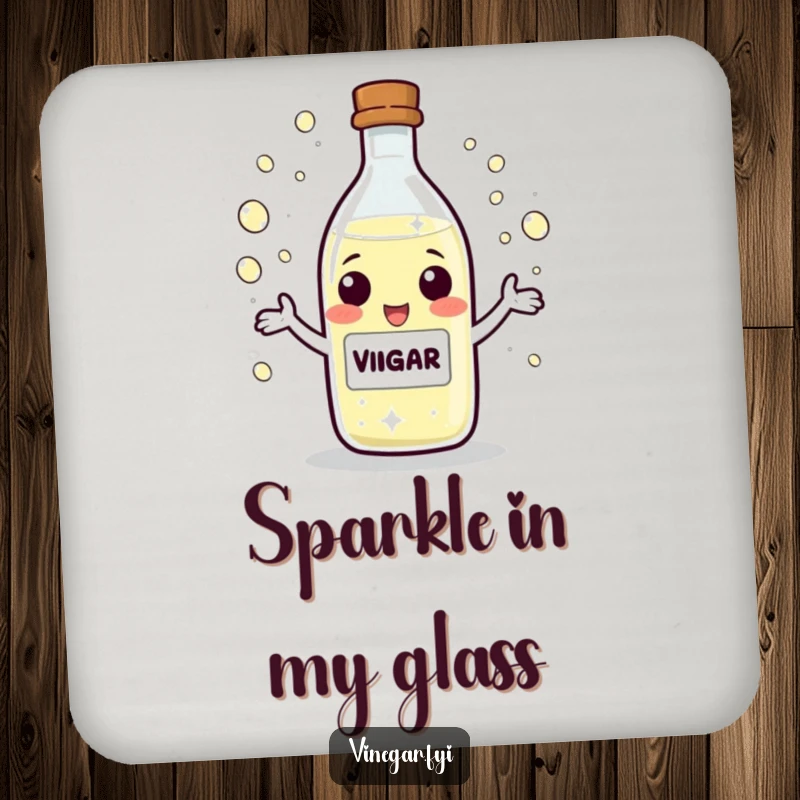 Funny Drink Coaster featuring a playful vinegar bottle character juggling tiny, sparkling droplets, ready to protect surfaces.