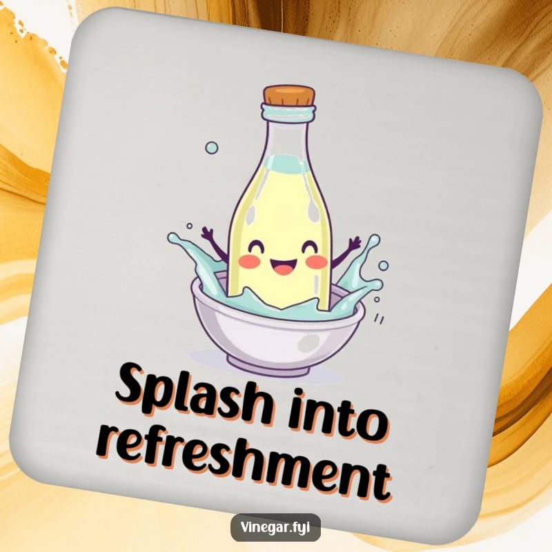 Funny Drink Coaster featuring a happy vinegar bottle character splashing enthusiastically into a mini-dish, ready to protect surfaces.