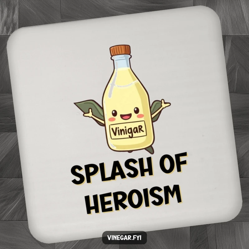 Funny Drink Coaster showcasing a smiling vinegar bottle wearing a superhero cape, flying to protect surfaces from drinks.