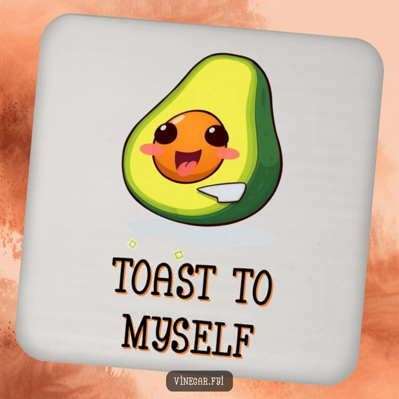 Funny, delighted avocado slicing itself with a tiny knife, on a set of drink coasters.