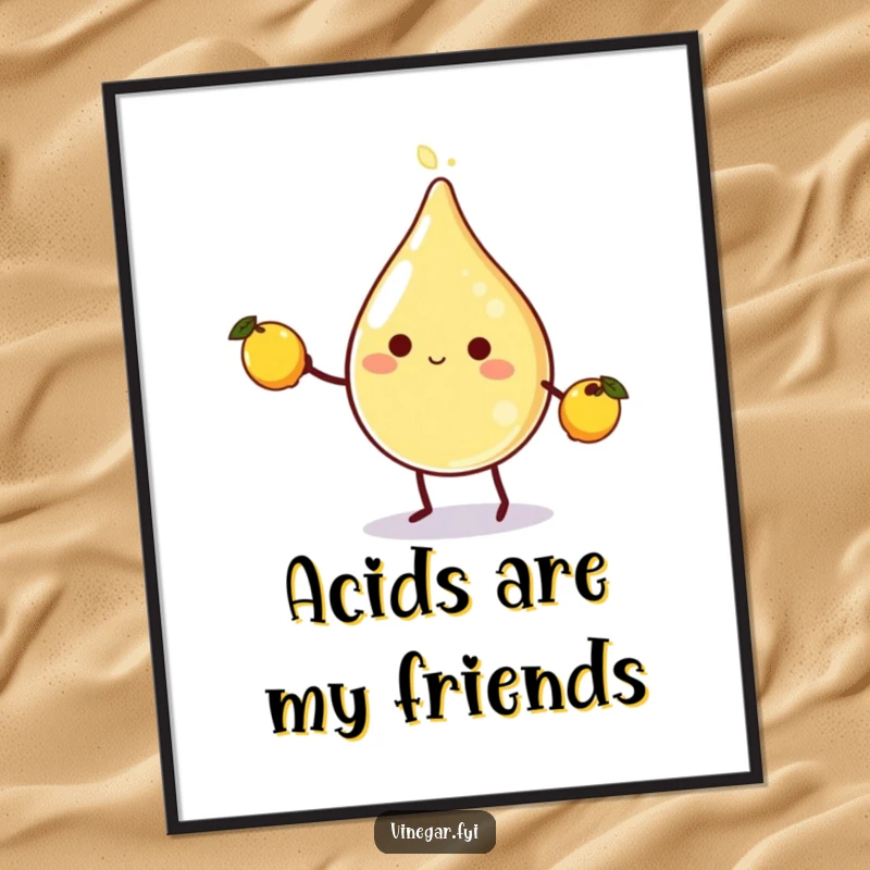 Funny round vinegar droplet character happily juggling three tiny lemons, presented as vibrant wall art for a humorous touch.