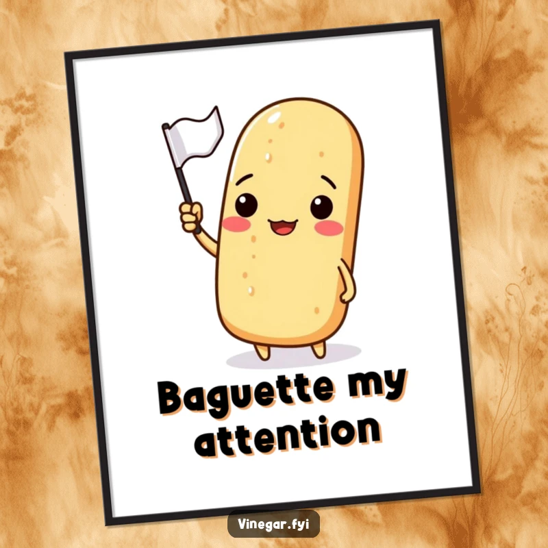 Funny poster of a smiling baguette proudly waving a small flag, adding a festive and humorous touch.
