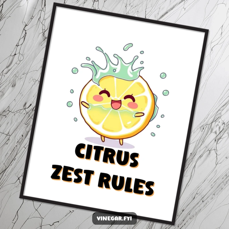 Funny happy lemon slice character playfully splashing vinegar, wall art poster, perfect funny gift.