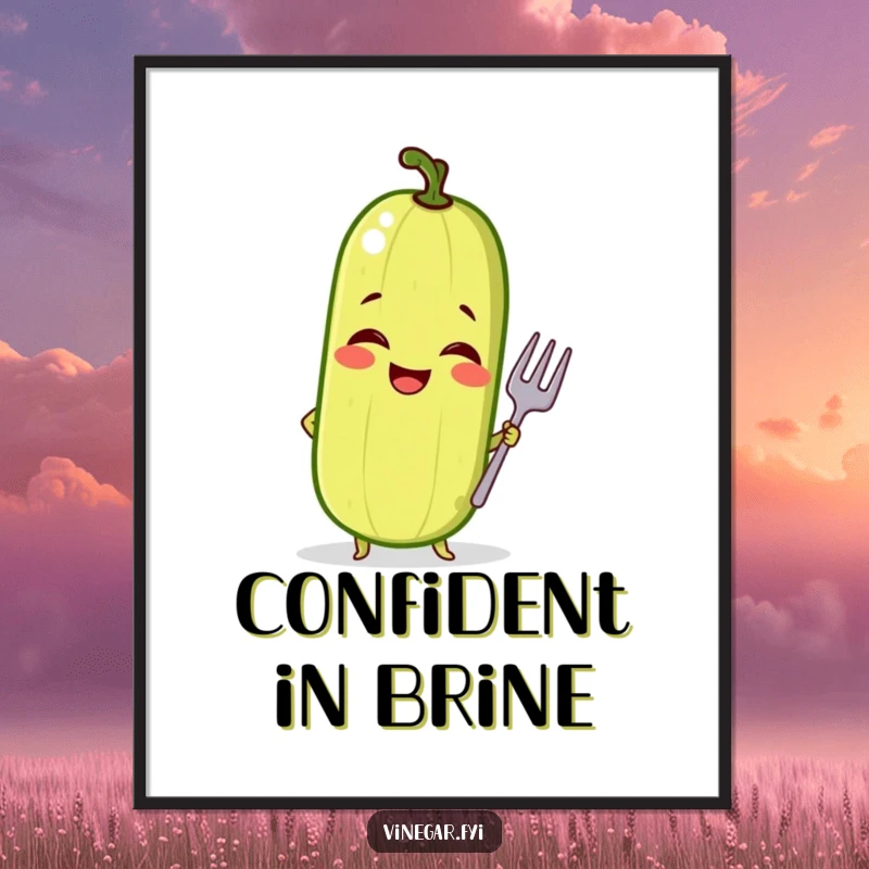 Funny poster of a giggling pickle in a self-assured pose with a tiny fork, a humorous and eye-catching piece.