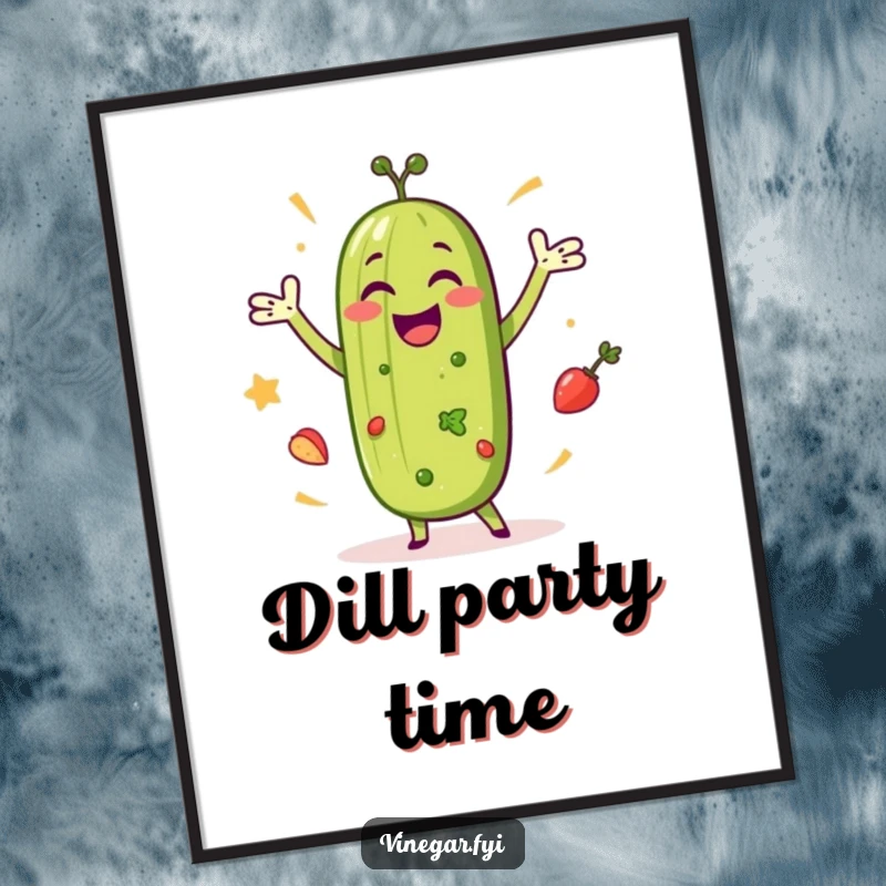 Funny poster showcasing a happy pickle in a celebratory dance with salad ingredients, bringing vibrant and joyful food art to any wall.