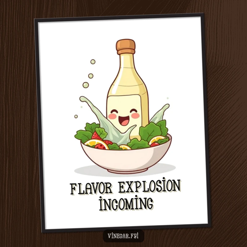 Funny poster of a smiling vinegar bottle splashing into a salad bowl, perfect kitchen wall art for food lovers.