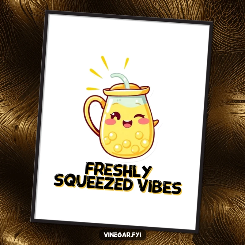 Funny poster of a radiant yellow lemonade pitcher character winking, pouring a stream, creating a visually appealing and humorous piece of wall art.