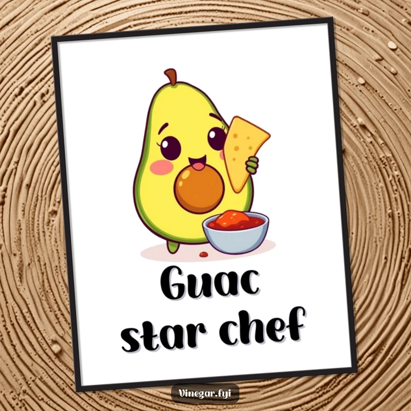 Funny poster featuring an amused avocado enthusiastically dipping a tortilla chip into salsa, a humorous piece of food art.