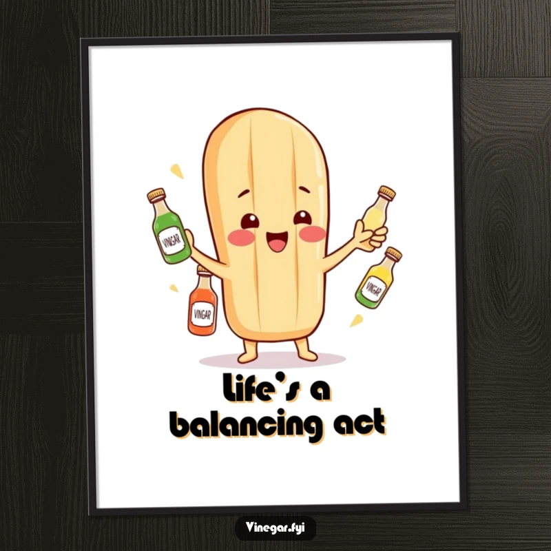 Funny poster of a cheerful baguette character skillfully juggling miniature vinegar bottles, a delightful display.
