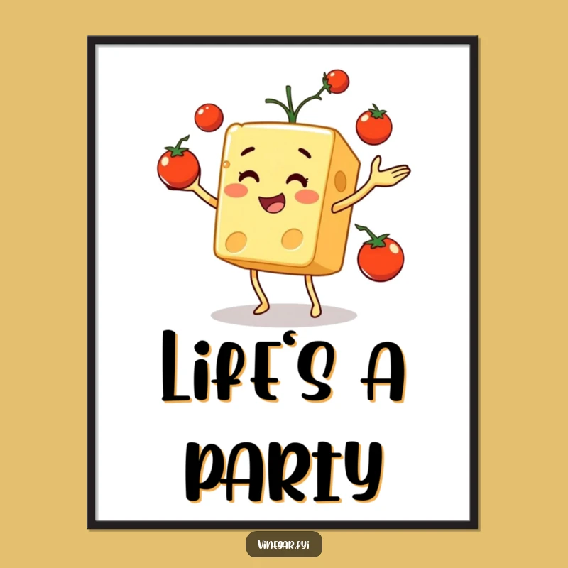 Funny Cheese Cube Juggling Art Print: Hilarious Foodie Decor Gift for Walls