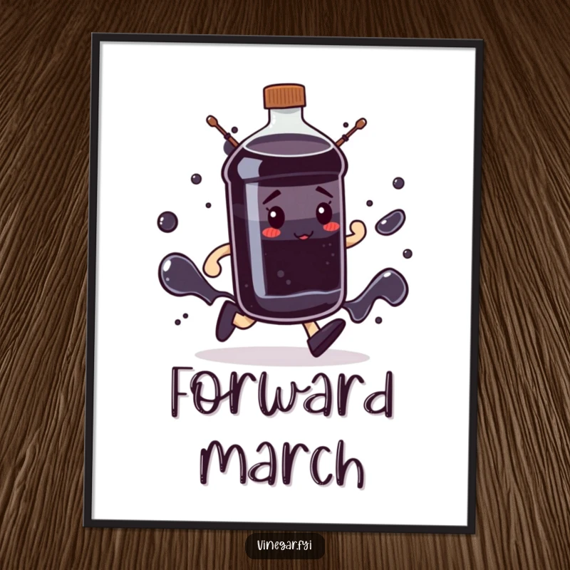 Funny determined dark liquid bottle poster marching forward with purpose, symbolizing ambition and drive, a perfect funny gift.