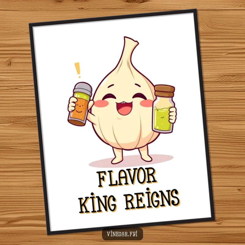 Funny giggling garlic clove character triumphantly holding a tiny vinaigrette shaker, wall art poster, perfect funny gift.