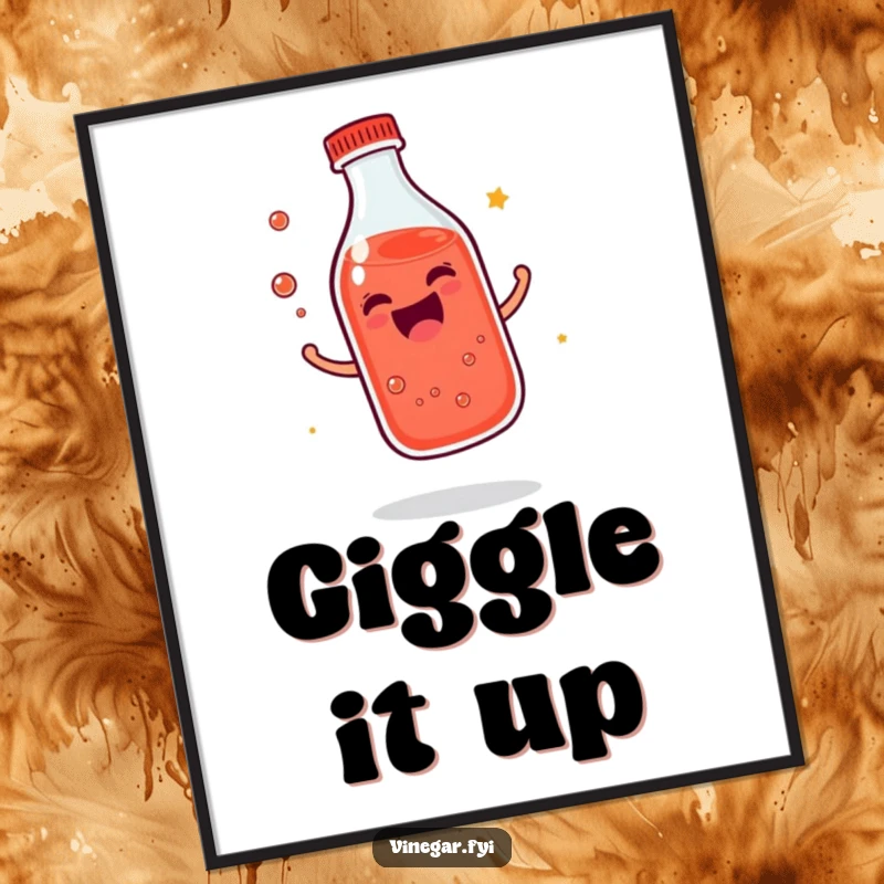 Funny giggling bottle of reddish liquid poster bouncing with infectious joy, symbolizing pure delight, a perfect funny gift.