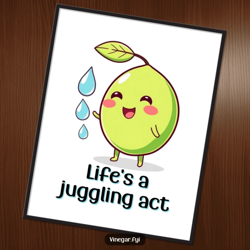 Funny poster of a wobbly green lime character smiling while juggling droplets, creating a visually engaging and humorous piece of wall art.