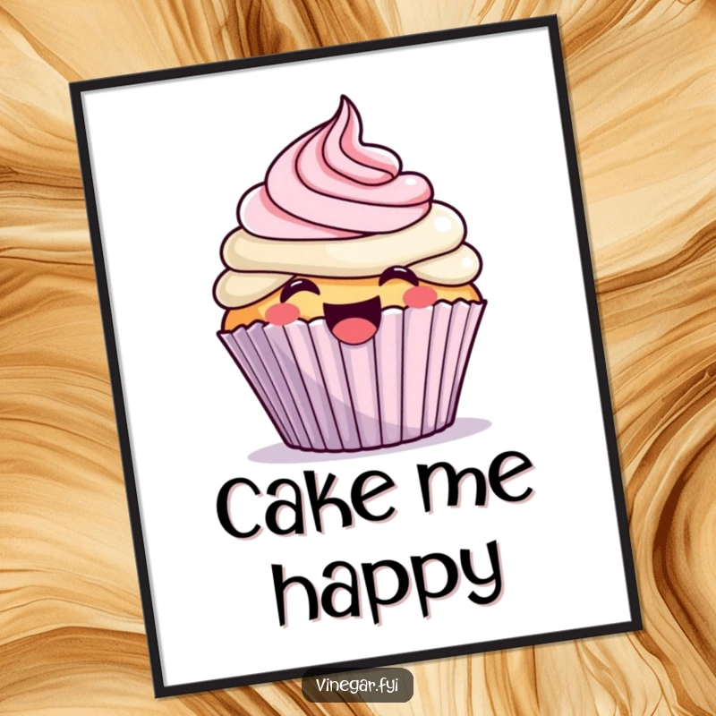 Funny kawaii cupcake excitedly frosting itself with a giggle, as a vibrant wall art print, perfect for a funny gift.