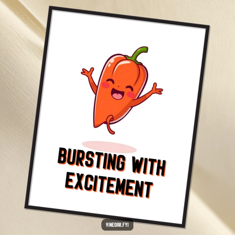 Funny Kawaii pepper doing a cartwheel with zest, presented as energetic wall art on a poster.