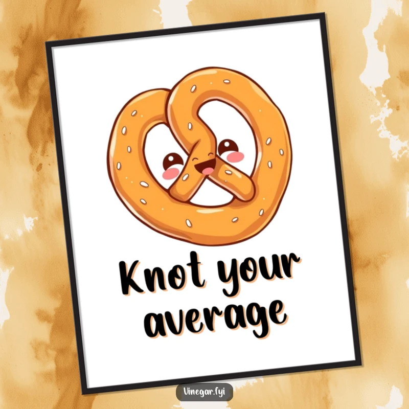 Funny poster of a kawaii pretzel twisting playfully, its cheerful, salty gleam adding a touch of delightful, quirky humor.